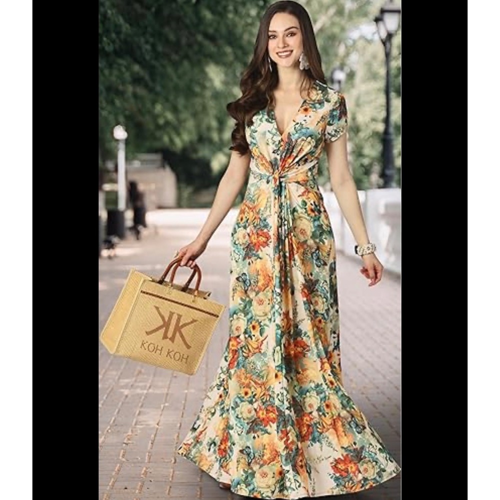 KOH KOH Womens 2X Floral Butterfly Twist Front V-Neck Maxi Dress Multicolor NWT